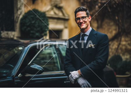 高級施設の入口にいる礼儀正しくプロフェッショナルな運転手 高級施設の入口にいる礼儀正しくプロフェッショナルな運転手 124991321