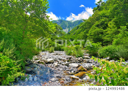 中国地方・大山隠岐国立公園・大神山神社奥宮・賽の河原のイメージ、供養の石積と大山・鳥取県大山町(1) 124991486