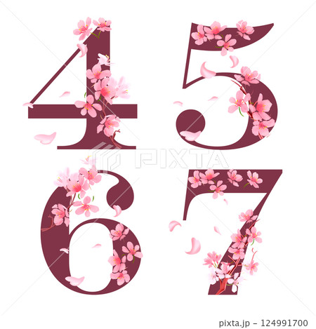 Cherry blossom flower numbers with pink petals and sakura flowers for printing, cards, posters 124991700