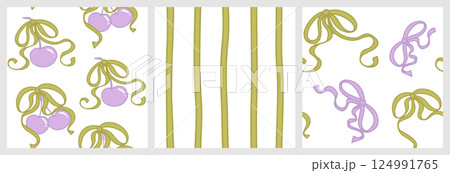 Coquette cherry with bows seamless pattern set. Cute berries with ribbons on lavender and green colors on white template. Romantic trendy hand-drawn vector illustration. 124991765
