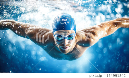 A professional male swimmer glides through the water in a swimming pool with strength and precision. The concept of athleticism, endurance, and the dedication of competitive swimming. Generative AI. A professional male swimmer glides through the water in a swimming pool with strength and precision. The concept of athleticism, endurance, and the dedication of competitive swimming. Generative AI. 124991842