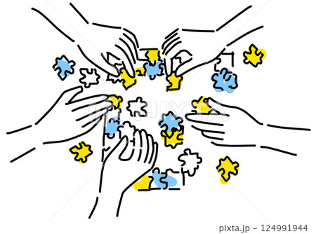 ジグソーパズルをする人々の手、課題解決イメージ ジグソーパズルをする人々の手、課題解決イメージ 124991944