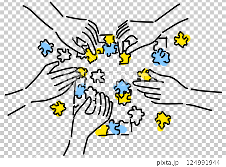 ジグソーパズルをする人々の手、課題解決イメージ ジグソーパズルをする人々の手、課題解決イメージ 124991944