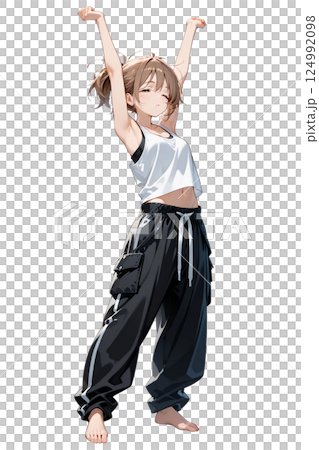 A girl stretches in her loungewear after waking up 124992098