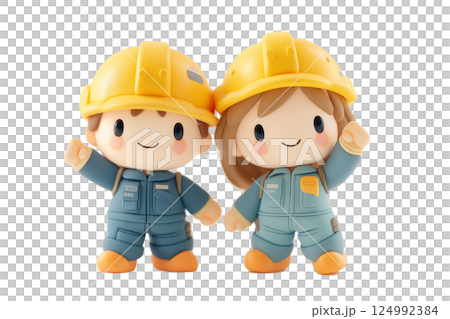 工事現場で作業服を着て笑顔でガッツポーズをする粘土風の建設エンジニア（ヘルメット・作業服・笑顔） 124992384