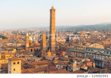 Bologna's iconic Two Towers, Asinelli and Garisenda, stand tall over the historic city. Bologna's iconic Two Towers, Asinelli and Garisenda, stand tall over the historic city. 124992943
