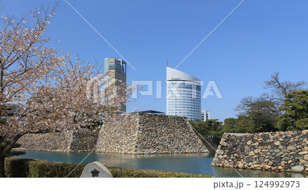 高松城跡の桜の馬場から見る天守台とサンポート高松のシンボルタワーやJRホテルクレメント高松 124992973
