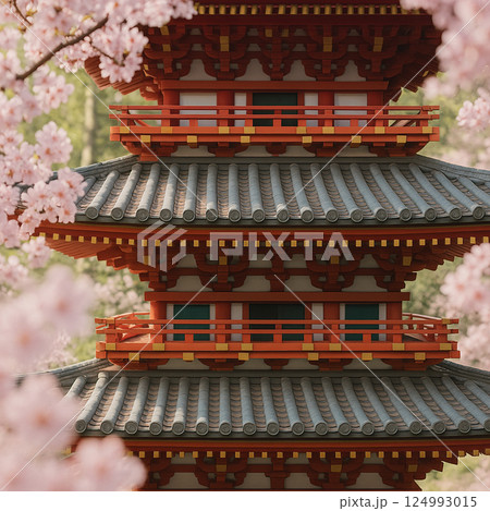 Traditional Japanese Pagoda Framed by Cherry Blossoms in Spring 124993015
