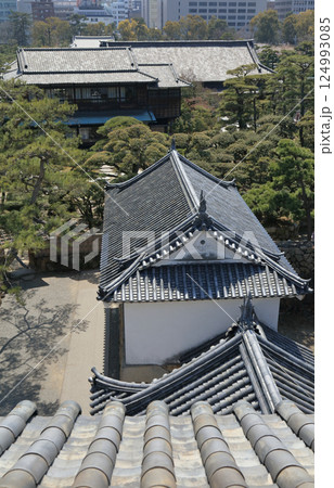 高松城跡の月見櫓から見る渡櫓と披雲閣、その向こうに高松市街 高松城跡の月見櫓から見る渡櫓と披雲閣、その向こうに高松市街 124993085