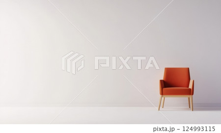 Minimalist image featuring a single orange armchair with wooden legs against a plain white wall. Modern design and clean aesthetics create a serene atmosphere 124993115