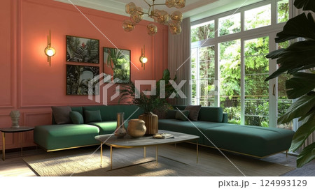 stylish pastel living room with green l shaped couch and coral pink walls, golden light fixtures and modern coffee table with decorative vases, large window with lush green foliage view, elegant decor 124993129