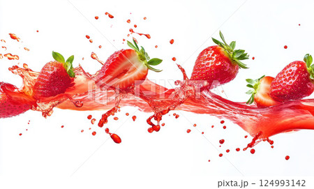 Flying berries in red juice splash with fresh strawberry and forest fruits, isolated on clean white background, macro food composition, concept of fruit advertisement, healthy nutrition, wellness 124993142