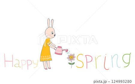 Cute bunny with watering can and flower with Hello spring letters in yellow and pink colors 124993280