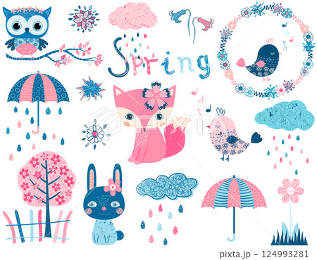 Cute vector set with animal characters and graphic design elements in pink and blue colors 124993281