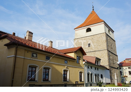 Historical frontage and bell tower in Zywiec city in Poland 124993420