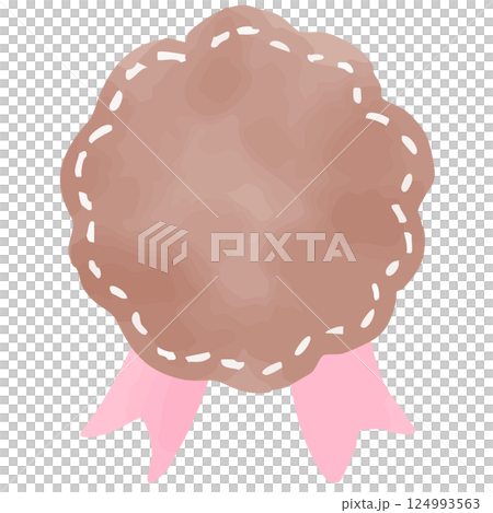 Brown flower-shaped ribbon sticker with hand-drawn watercolor illustration 124993563