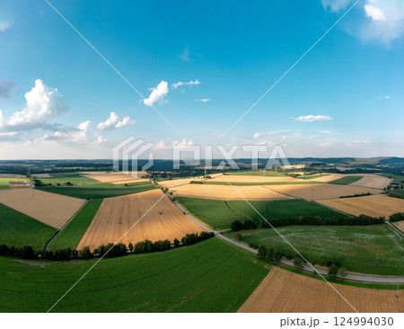 Drone panorama image with agricultural fields in the german rural area Drone panorama image with agricultural fields in the german rural area 124994030