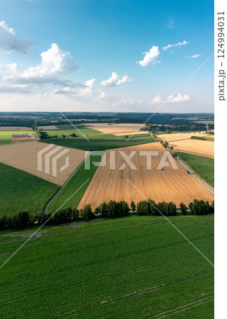 Drone vertical panorama with agricultural fields in the german rural area 124994031