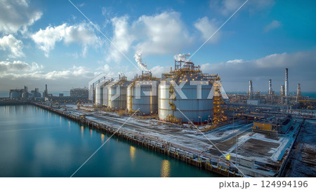 A liquefied natural gas plant with a lot of liquefied natural gas tanks and industrial pipelines. Liquefied natural gas distribution station. 124994196
