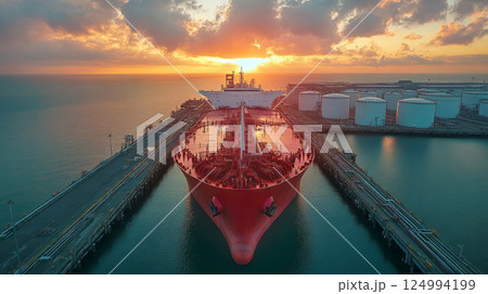 Large crude oil tanker is docked at industrial port terminal for cargo operations in the sea. Oil refinery with group of crude oil storage tanks 124994199