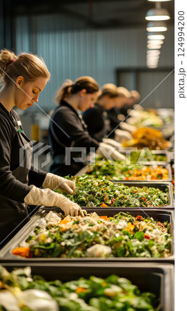 Female workers are sorting the kitchen food waste on the conveyor belt of a food waste recycling plant. Heap of boxes of compost bio waste. Ecology. 124994200