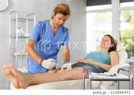 Qualified cosmetologist administering injections to knees of female patient Qualified cosmetologist administering injections to knees of female patient 124994431