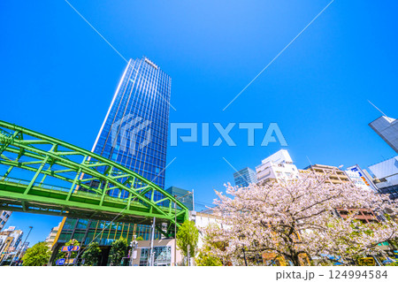 日本の東京都市景観　昌平橋交差点の上に架かる総武本線松住橋架道橋や超高層ビル、桜など 124994584
