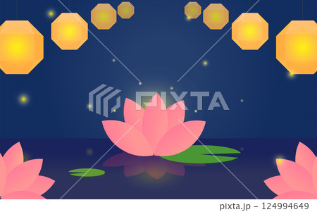Illustration of Buddhist Landscape with Lanterns and Lotus Flowers 124994649