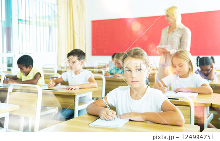School girl working at lesson in classroom 124994751