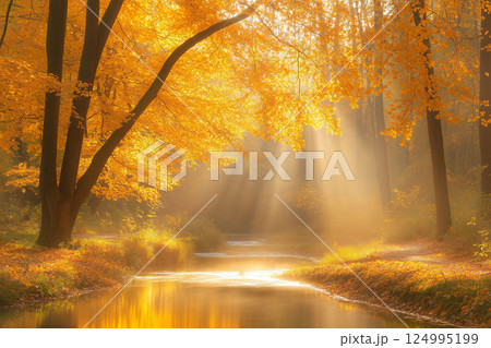 A sunlit creek winds through a golden autumn forest. The warm, serene scene with rays of light and colorful foliage is perfect for nature, travel or seasonal media. 124995199