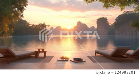 A stunning sunset view from a luxury resort overlooking a serene lake and mountains. Lounge chairs on a patio,relaxation and escape,ideal for travel advertisements,vacation promotions,lifestyle media. 124995201