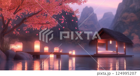 Fantasy Lake Hut,A magical hut on a serene lake with glowing lanterns and cherry blossoms. Mist and mountains create an enchanting, dreamy scene. Fantasy Lake Hut,A magical hut on a serene lake with glowing lanterns and cherry blossoms. Mist and mountains create an enchanting, dreamy scene. 124995207