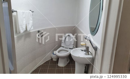 interior of a bathroom with toilet 124995330