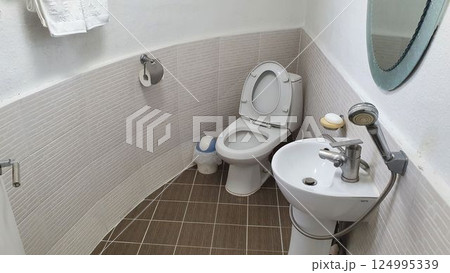 interior of a bathroom with toilet interior of a bathroom with toilet 124995339