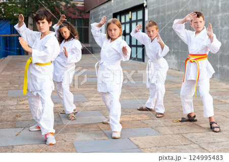 Kids in kimono doing kata moves 124995483