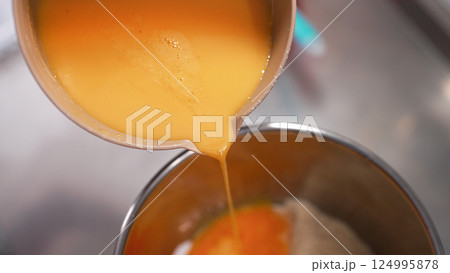 Yellow yolks are added in metal stand mixer bowl. Whipping eggs for baking Yellow yolks are added in metal stand mixer bowl. Whipping eggs for baking 124995878