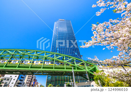 日本の東京都市景観　昌平橋交差点の上に架かる総武本線松住橋架道橋を走る総武線や超高層ビル、桜など 124996010
