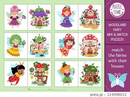Vector fairyland mix and match puzzle with cute fairies and their houses. Matching woodland fairytale activity for preschool kids. Educational magic or fantasy girls printable game with homes 124996012