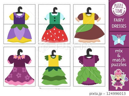 Vector fairyland mix and match puzzle with cute fairies and their dresses. Matching woodland fairytale activity for preschool kids. Educational printable game with magic or fantasy girls costumes 124996013