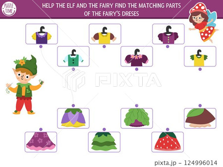 Woodland fairy matching activity with elf seamstress and dresses for girls. Magic forest puzzle, game with princess costumes. Match gown top and bottom. Fairytale fantasy match up page 124996014