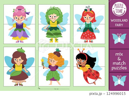 Vector fairyland mix and match puzzle with cute fairies in beautiful dresses. Matching woodland fairytale activity for preschool kids. Educational printable game with magic or fantasy girls 124996015