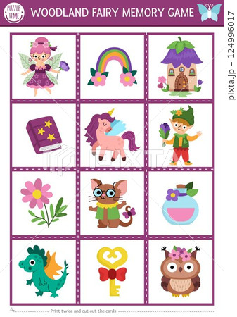 Vector fairyland memory game cards with cute unicorn, elf, rainbow, dragon, potion. Woodland fairy matching activity. Remember and find correct card. Simple printable worksheet for kids 124996017