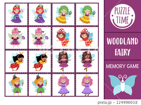 Vector fairyland memory game cards with cute girls with wings. Woodland fairy matching activity. Remember and find correct card. Simple printable worksheet for kids with forest princess Vector fairyland memory game cards with cute girls with wings. Woodland fairy matching activity. Remember and find correct card. Simple printable worksheet for kids with forest princess 124996018