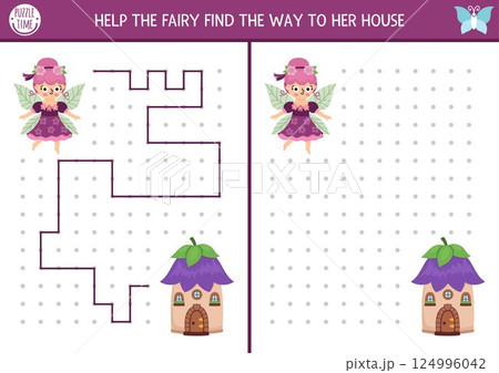 Fairyland drawing, writing, tracing, space orientation activity for kids with flower fairy searching house. Draw line in box according example. Preschool woodland printable game, puzzle 124996042