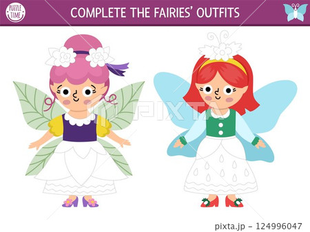 Fairyland drawing, writing, tracing and coloring activity for kids with cute woodland fairies and their dresses. Fantasy forest preschool printable activity, game, handwriting practice puzzle 124996047
