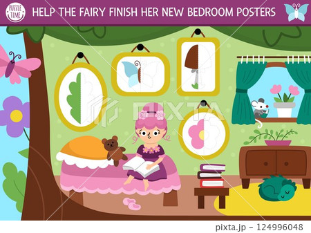 Fairyland hand writing practice, tracing and coloring activity for kids with cute woodland fairies and pictures in her house. Fantasy forest printable activity, game, symmetrical drawing puzzle 124996048