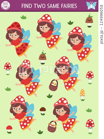 Find two same mushroom fairies. Fairyland matching activity for children. Magic garden or forest educational quiz worksheet for kids for attention skills. Simple printable game with cute girl Find two same mushroom fairies. Fairyland matching activity for children. Magic garden or forest educational quiz worksheet for kids for attention skills. Simple printable game with cute girl 124996058