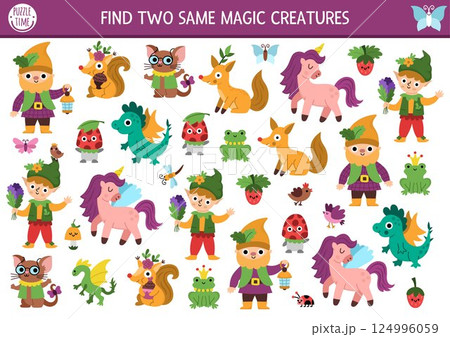Find two same magic creatures. Fairyland matching activity for children. Magic garden, forest, fairy educational quiz worksheet for kids with dragon, dwarf, elf, animals. Simple printable game Find two same magic creatures. Fairyland matching activity for children. Magic garden, forest, fairy educational quiz worksheet for kids with dragon, dwarf, elf, animals. Simple printable game 124996059