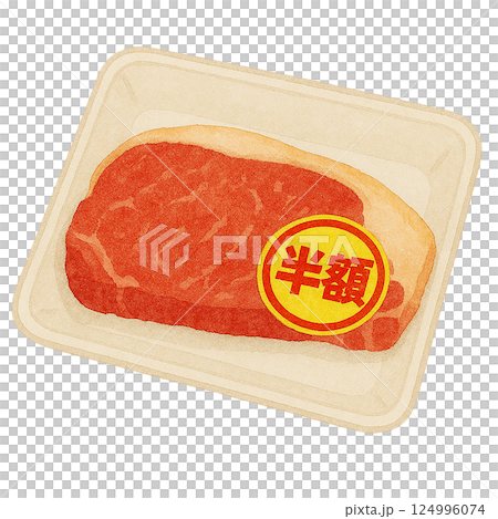 貼有半價標籤的牛排肉包裝的水彩插圖 貼有半價標籤的牛排肉包裝的水彩插圖 124996074