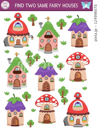 Find two same fairy houses. Fairyland matching activity for children. Magic garden, forest, fairy educational quiz worksheet for kids with flower, mushroom, acorn homes. Printable game 124996078